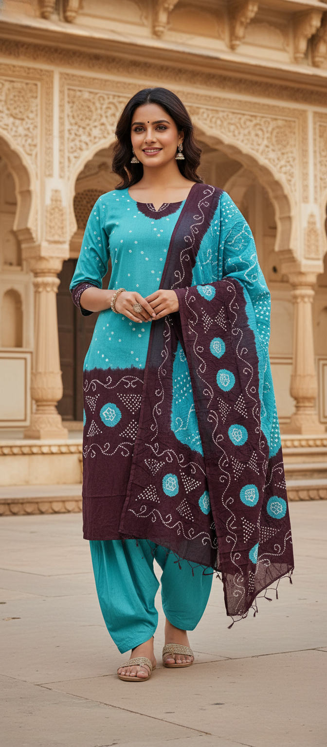 Women's Pure Cotton Rajasthani Bandhani unstitched dress material with dupatta (Aqua)