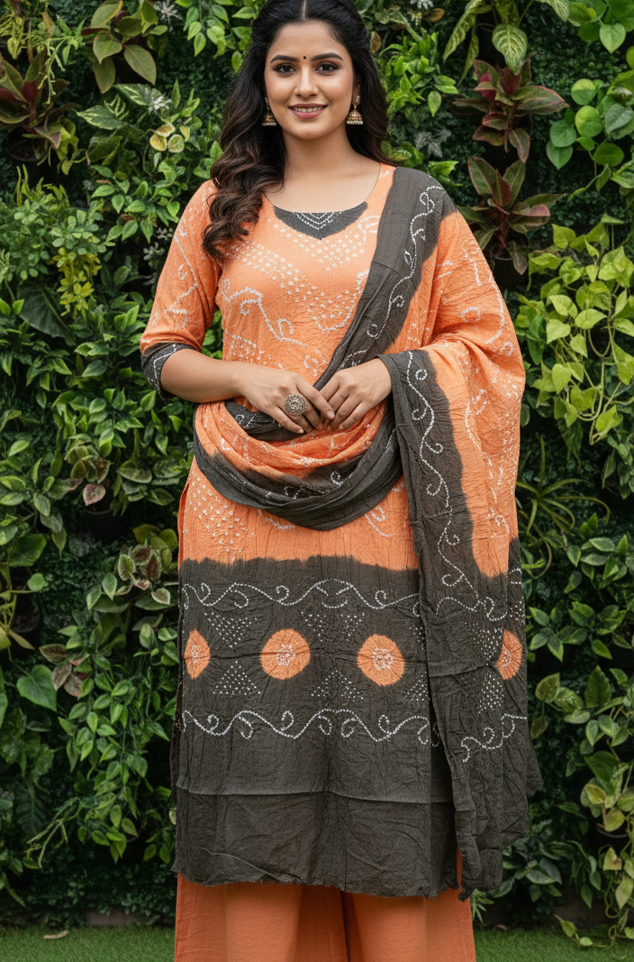 Women's Pure Cotton Rajasthani Bandhani unstitched dress material with dupatta (Peach and Brown)