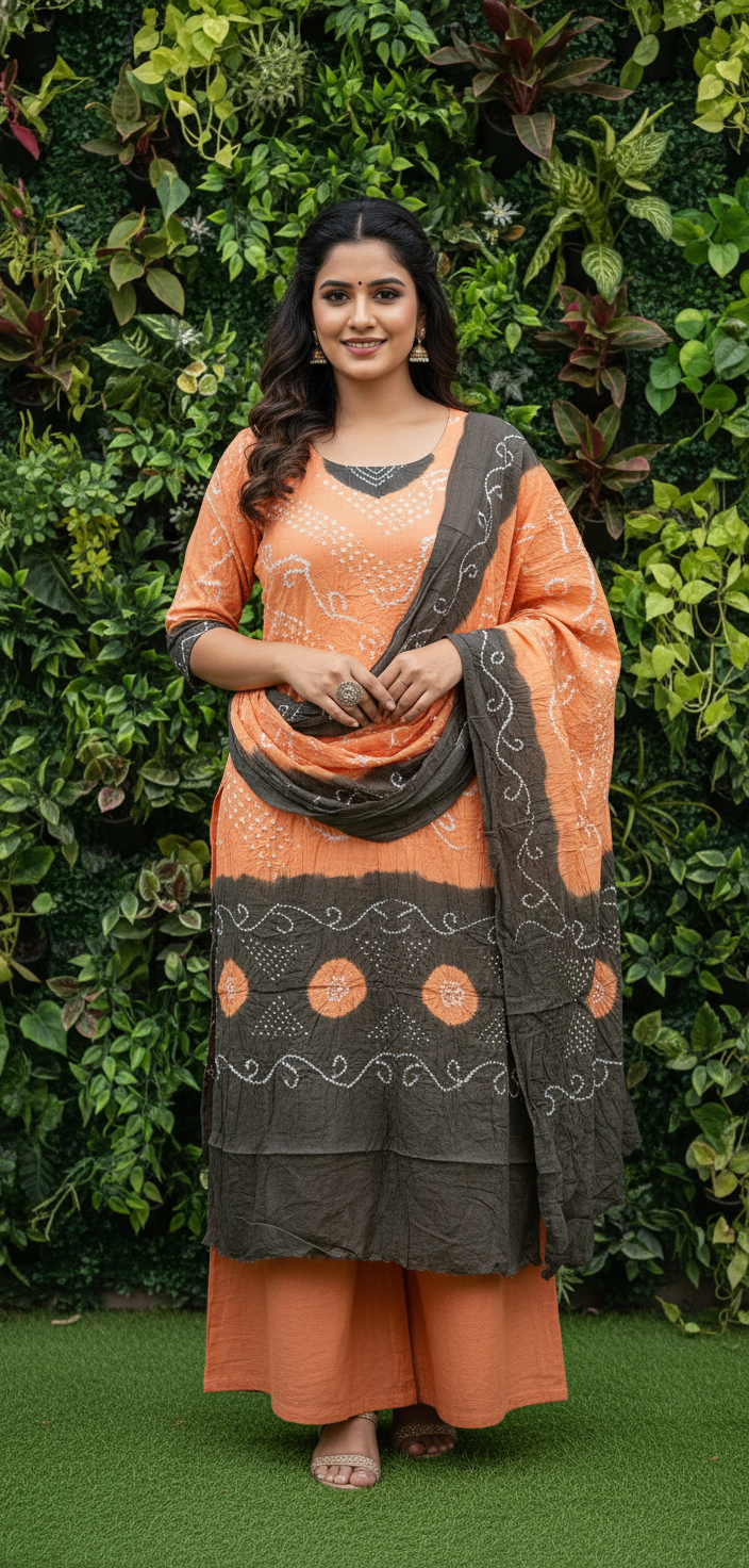 Women's Pure Cotton Rajasthani Bandhani unstitched dress material with dupatta (Peach and Brown)