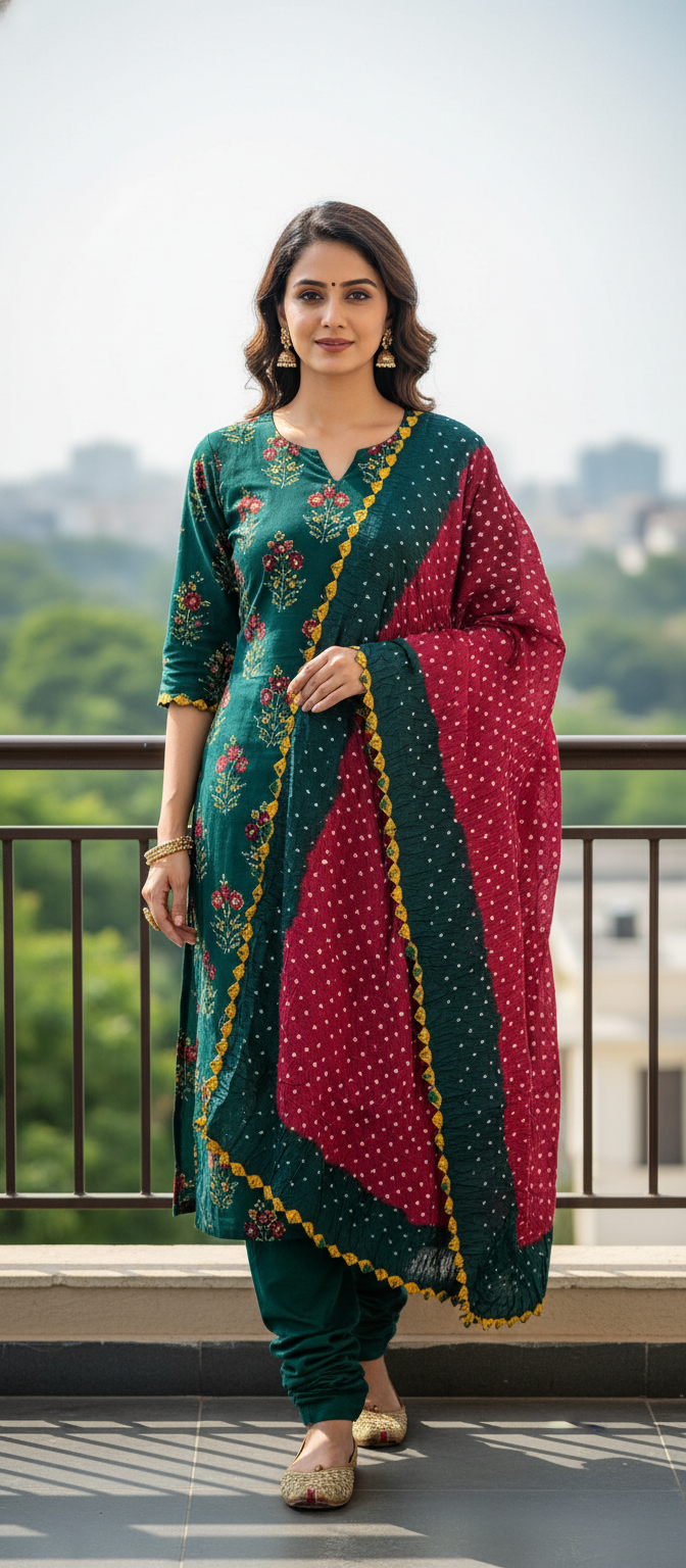 Women's Pure Cotton Rajasthani Bandhani unstitched dress material with dupatta (Green) - Image 7