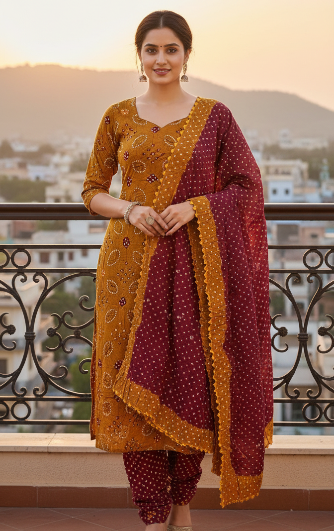 Women's Pure Cotton Rajasthani Bandhani unstitched dress material with dupatta (Mustard and Maroon)