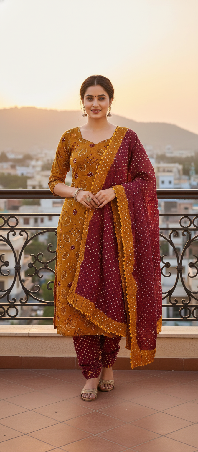 Women's Pure Cotton Rajasthani Bandhani unstitched dress material with dupatta (Mustard and Maroon)