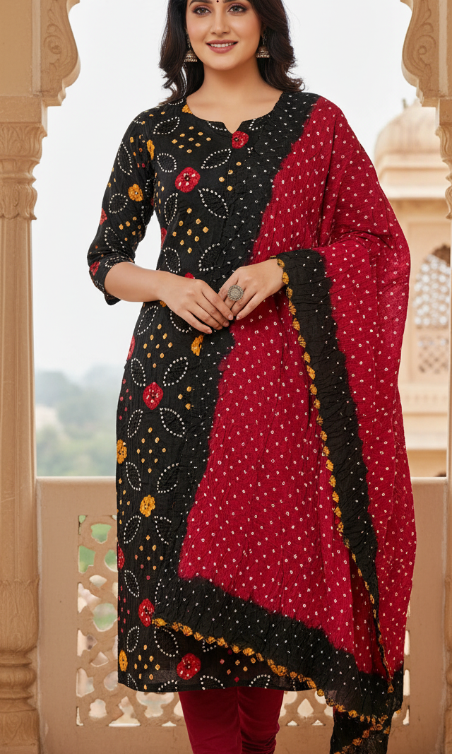 Women's Pure Cotton Rajasthani Bandhani unstitched dress material with dupatta (Black and Maroon)