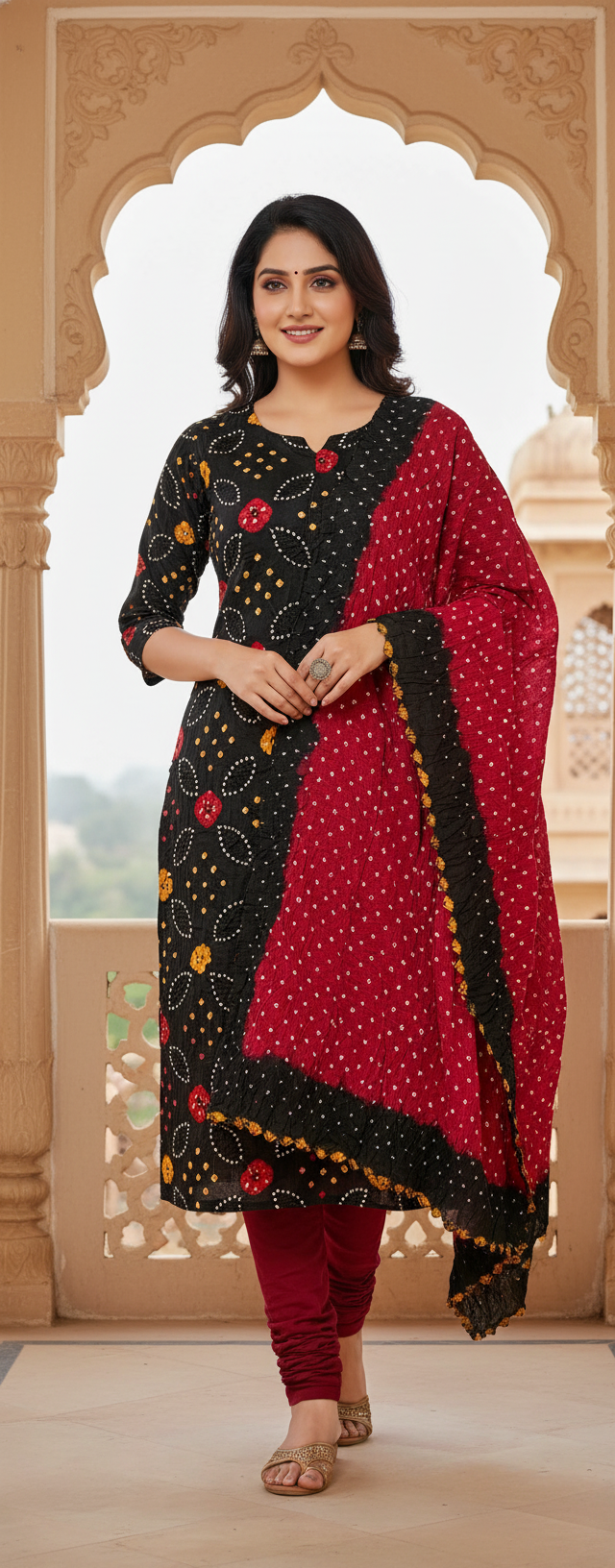 Women's Pure Cotton Rajasthani Bandhani unstitched dress material with dupatta (Black and Maroon)