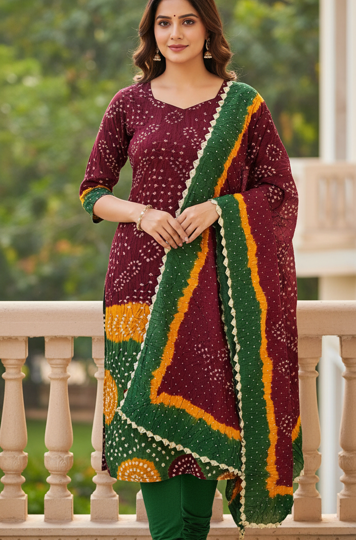 Women's Pure Cotton Rajasthani Bandhani unstitched dress material with dupatta (Maroon and Green)