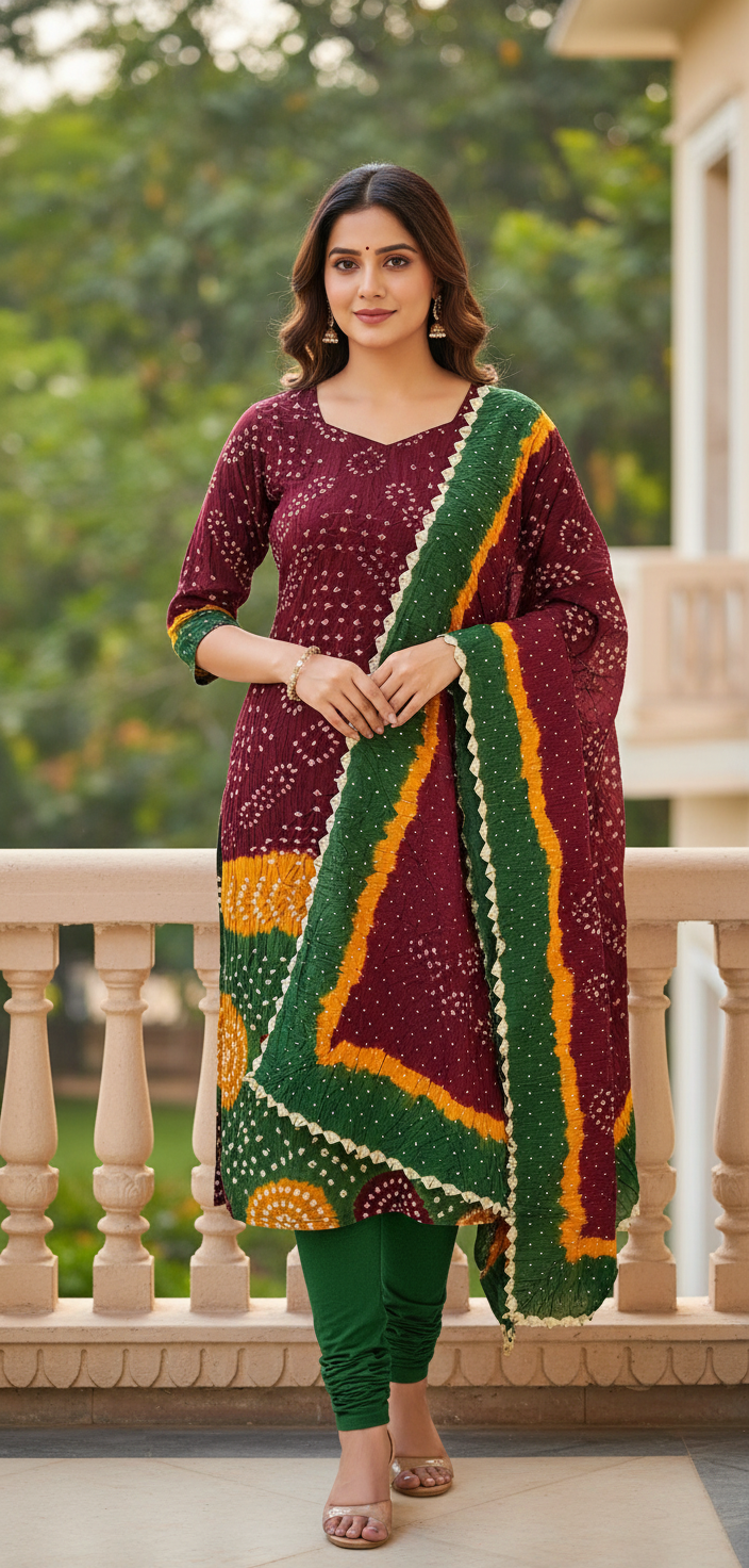 Women's Pure Cotton Rajasthani Bandhani unstitched dress material with dupatta (Maroon and Green)