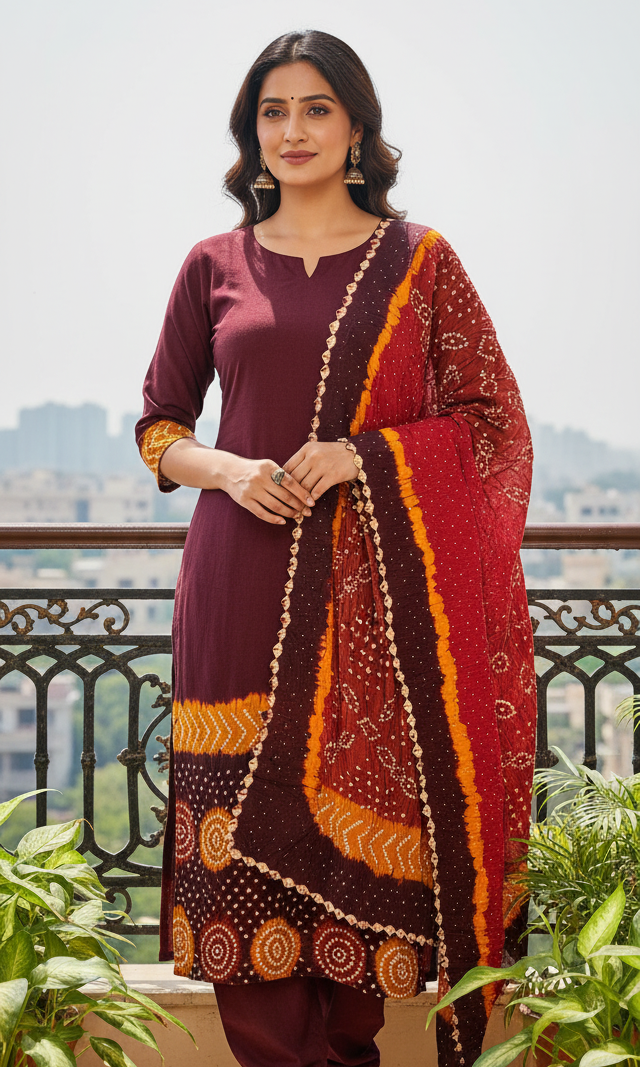 Women's Pure Cotton Rajasthani Bandhani unstitched dress material with dupatta (Brown)