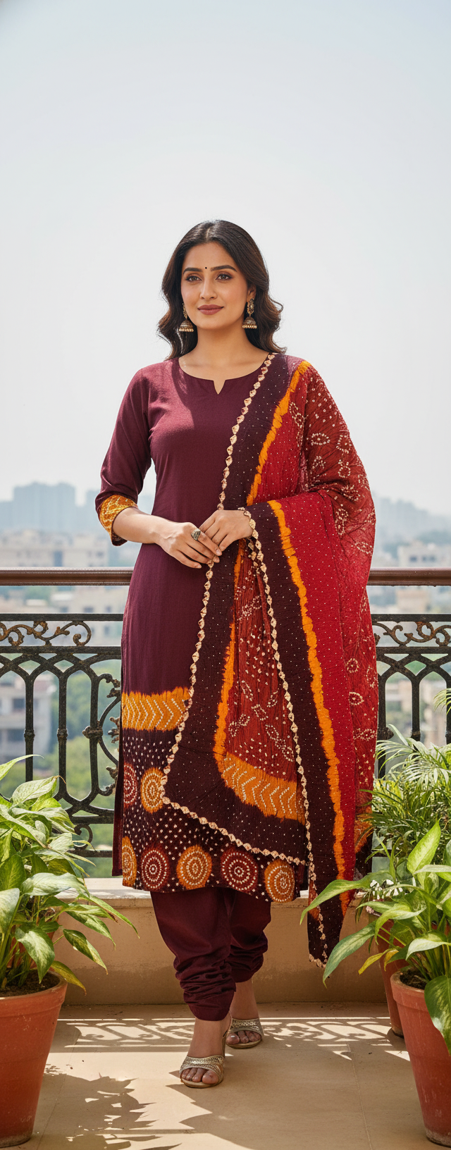 Women's Pure Cotton Rajasthani Bandhani unstitched dress material with dupatta (Brown)