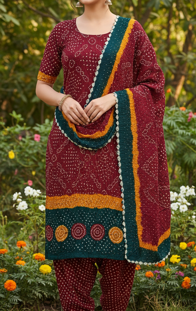 Women's Pure Cotton Rajasthani Bandhani unstitched dress material with dupatta (Maroon)