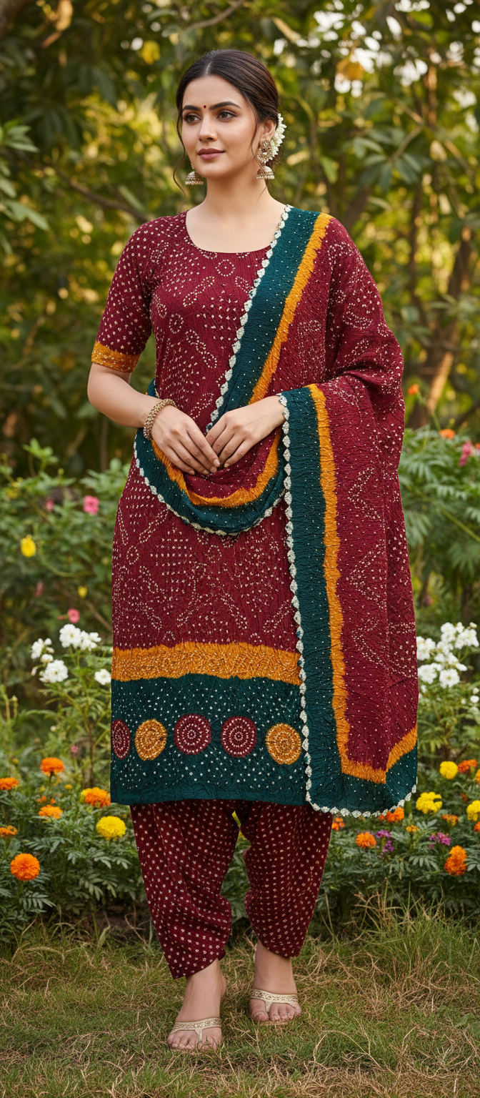 Women's Pure Cotton Rajasthani Bandhani unstitched dress material with dupatta (Maroon)