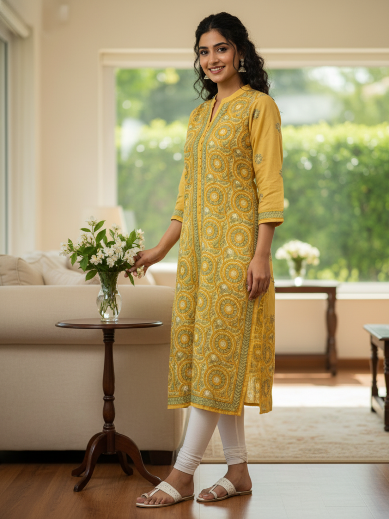 Women's Cotton Hand Embroidered Chikankari Straight Front Slit Kurta - Yellow