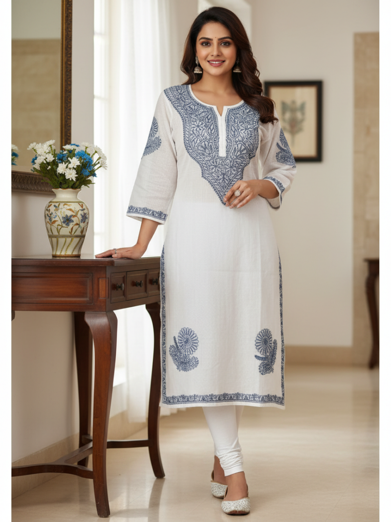 Women's Kota Cotton Hand Embroidered Chikankari Straight Kurta - White