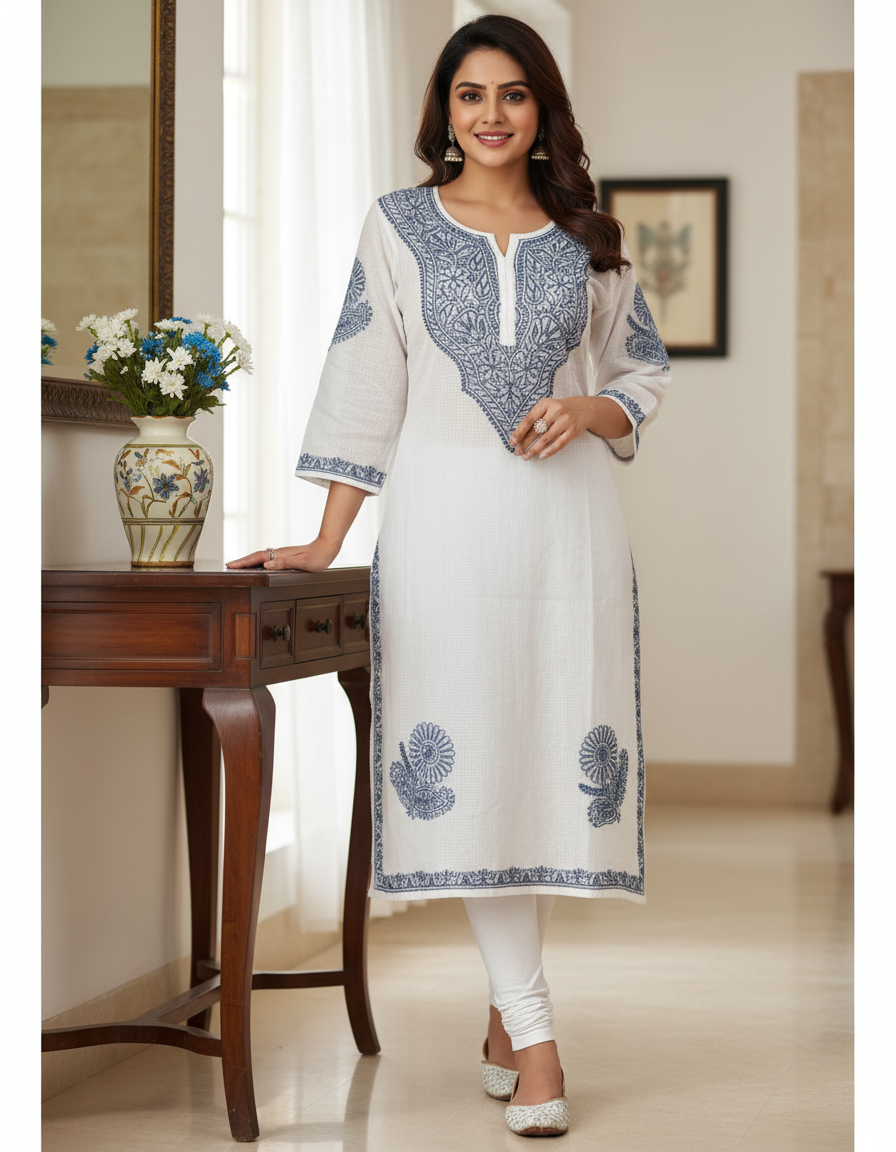 Women's Kota Cotton Hand Embroidered Chikankari Straight Kurta - White