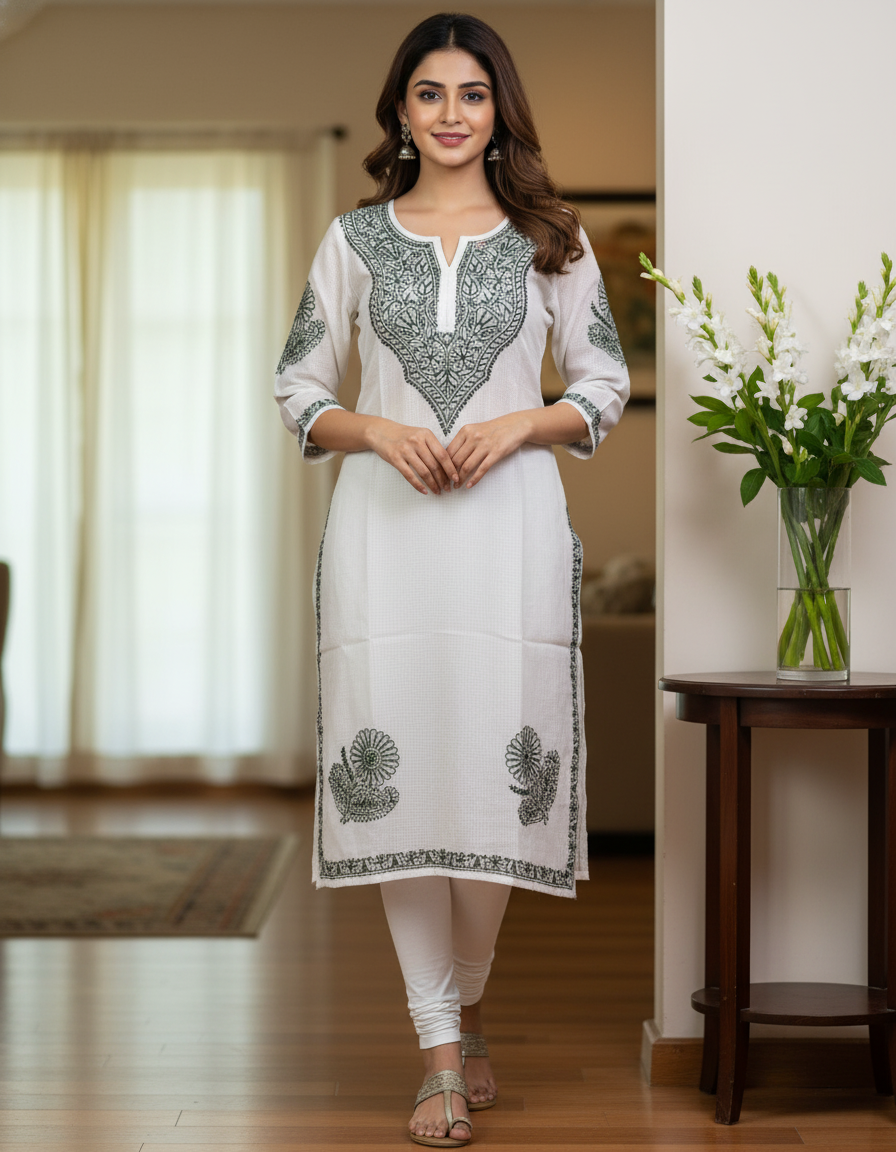 Women's Kota Cotton Hand Embroidered Chikankari Straight Kurta - White - Image 5