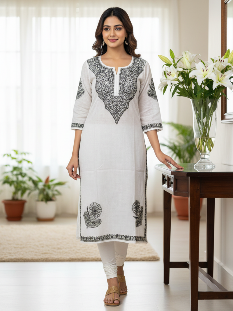 Women's Kota Cotton Hand Embroidered Chikankari Straight Kurta - White