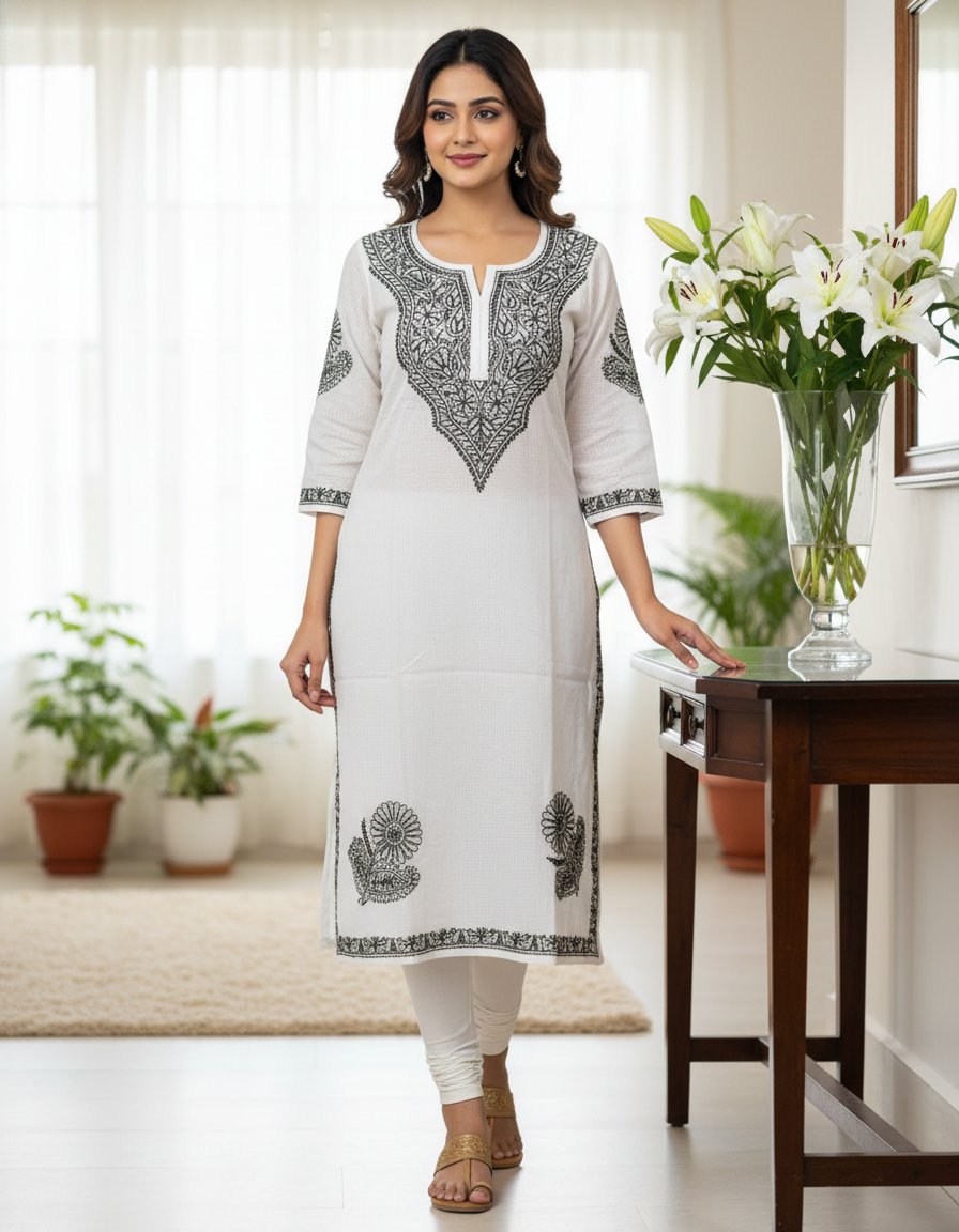 Women's Kota Cotton Hand Embroidered Chikankari Straight Kurta - White