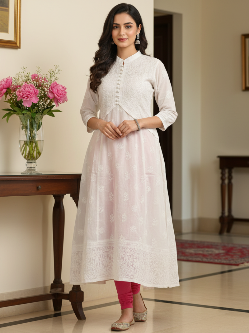 Women's Cotton Hand Embroidered Chikankari Umbrella Cut  Kurta - White