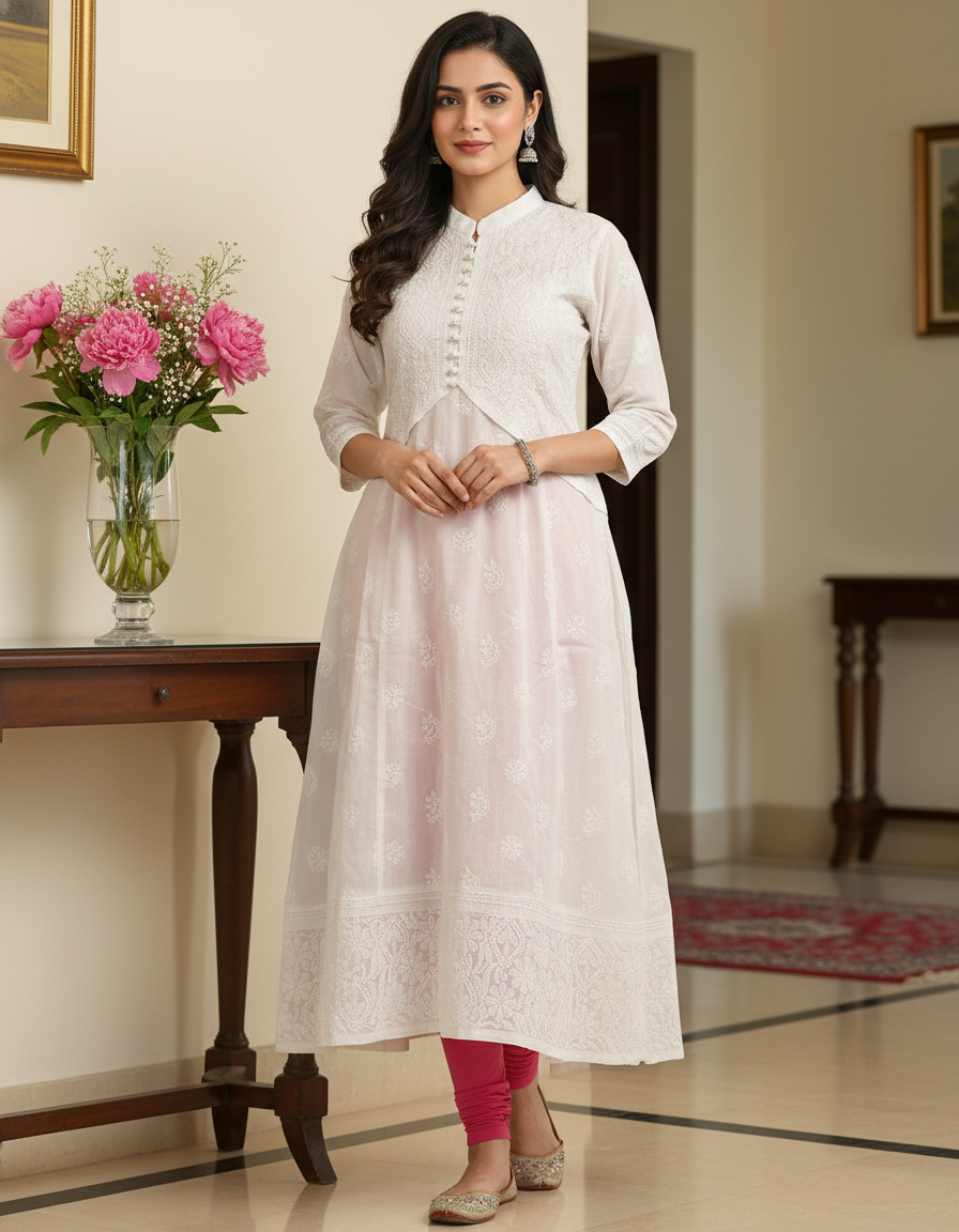 Women's Cotton Hand Embroidered Chikankari Umbrella Cut Kurta - White