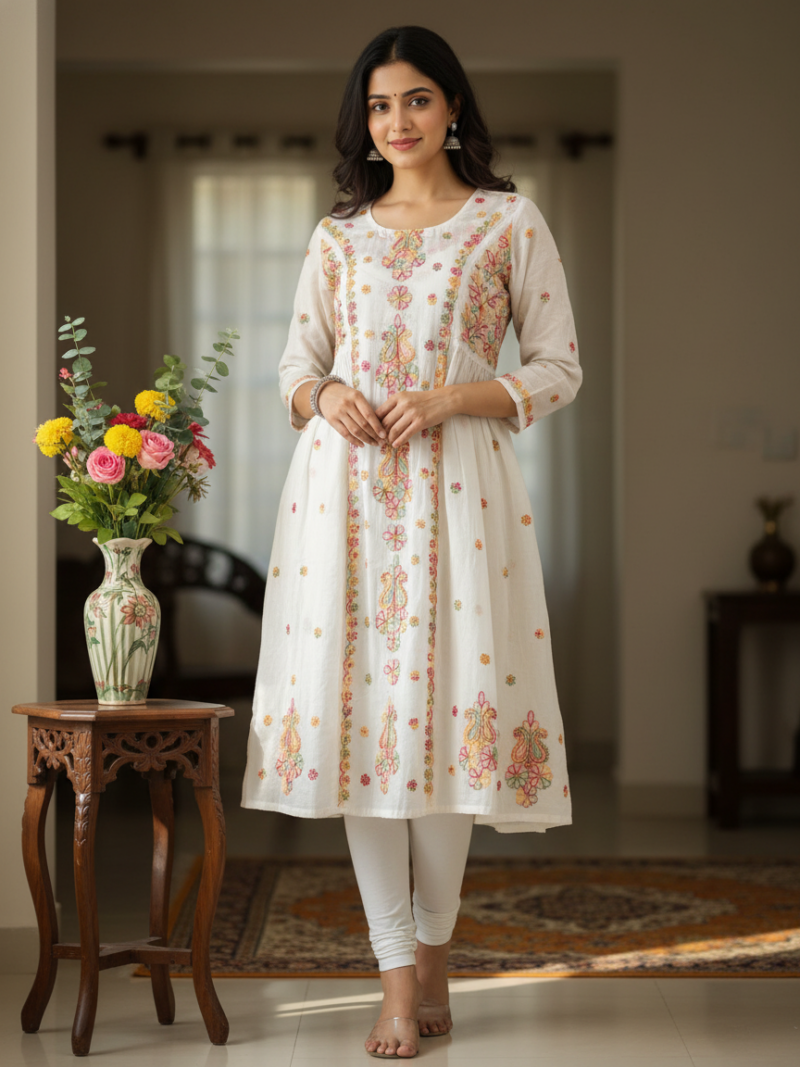 Women's Cotton Hand Embroidered Chikankari A-Line Kurta - Light Pink