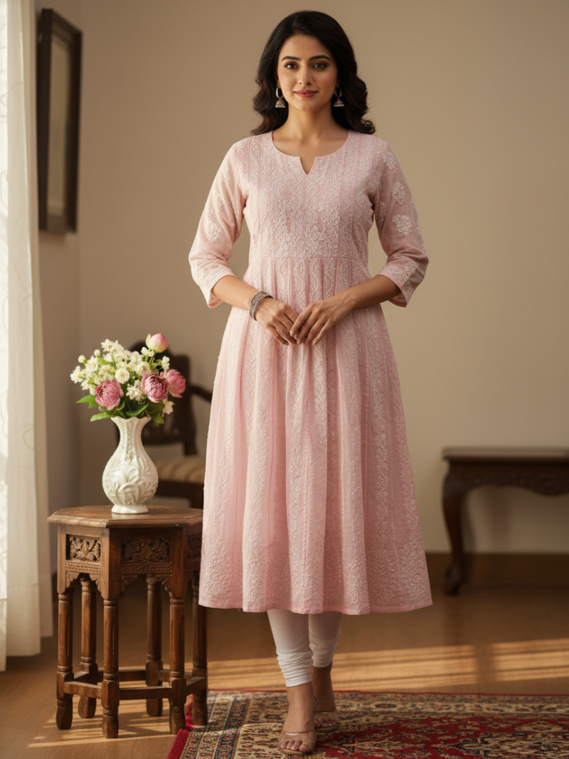 Women's Cotton Hand Embroidered Chikankari Kalidaar Kurta - Pink