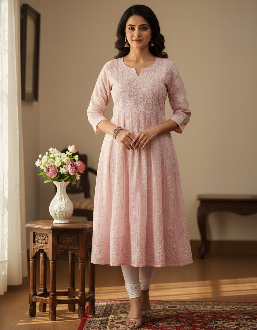 Women's Cotton Hand Embroidered Chikankari Kalidaar Kurta - Pink