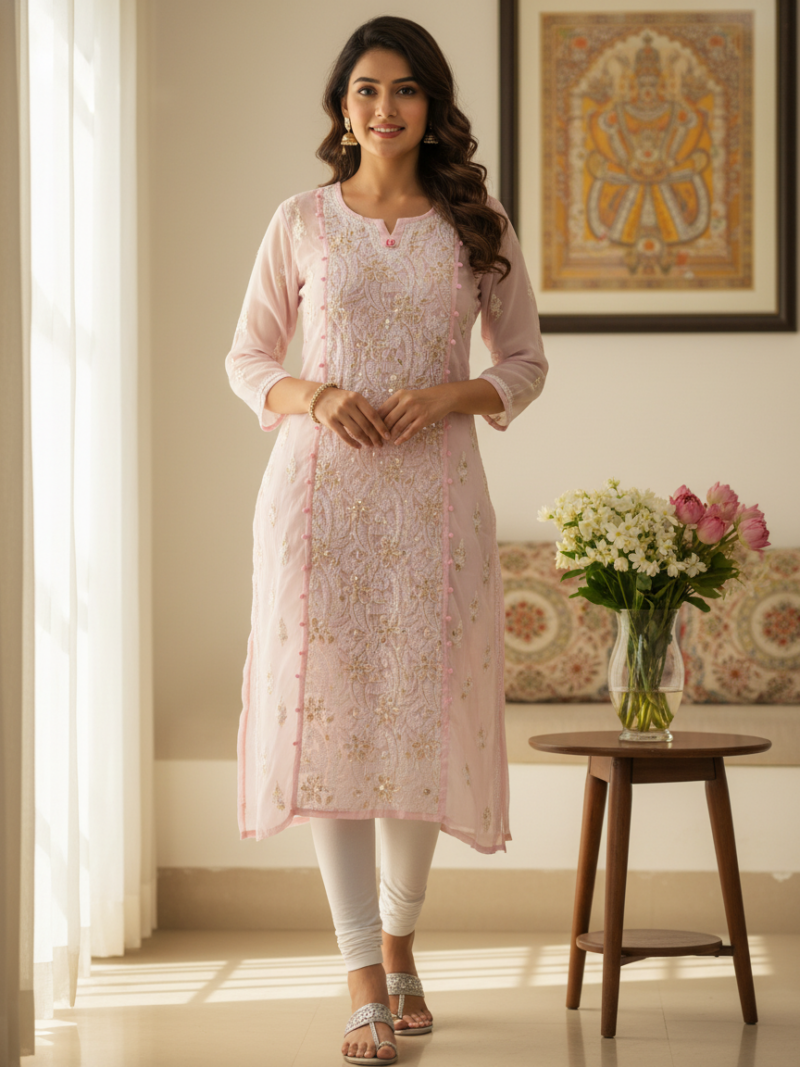 Women's Chiffon Hand Embroidered Chikankari straight Kurta with Gota patti work- Pink