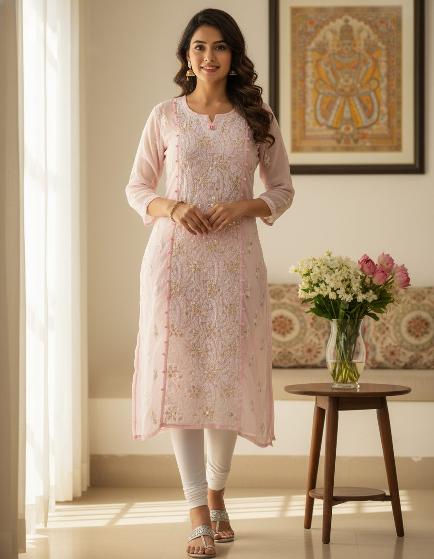 Women's Chiffon Hand Embroidered Chikankari straight Kurta with Gota patti work- Pink