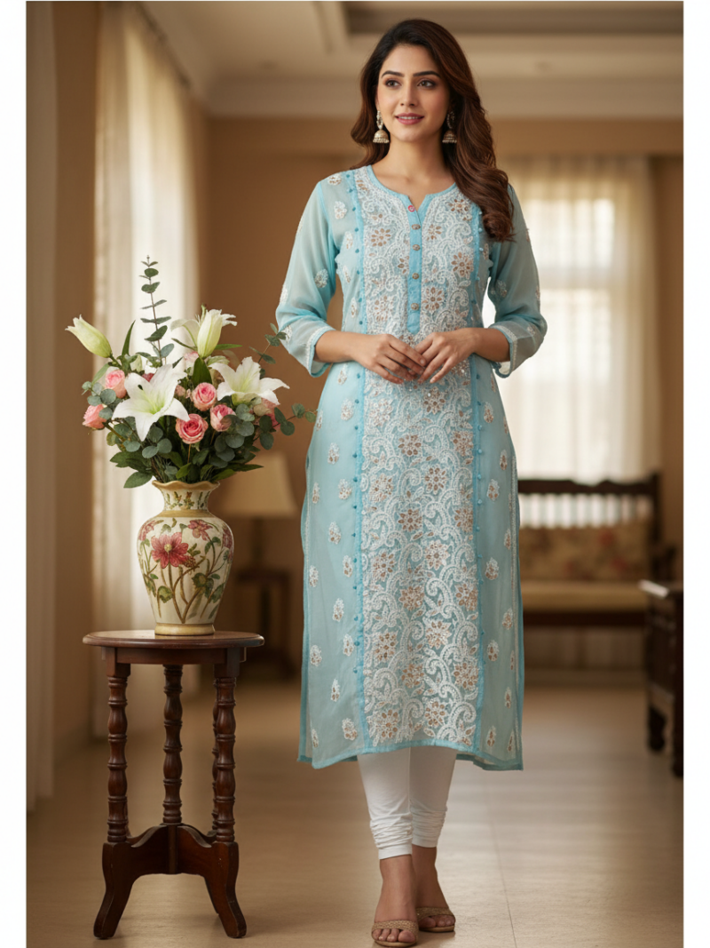 Women's Chiffon Hand Embroidered Chikankari straight Kurta with Gota patti work- Blue
