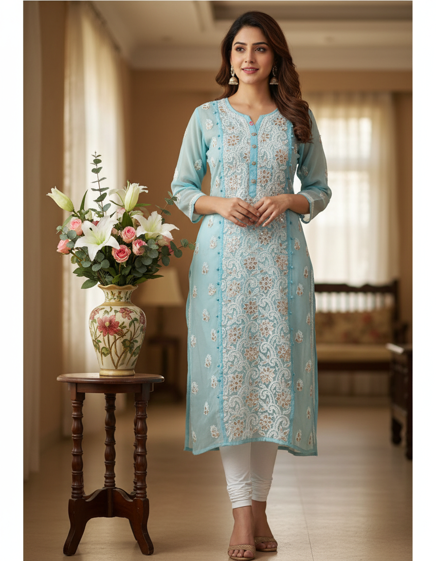 Women's Chiffon Hand Embroidered Chikankari straight Kurta with Gota patti work- Blue