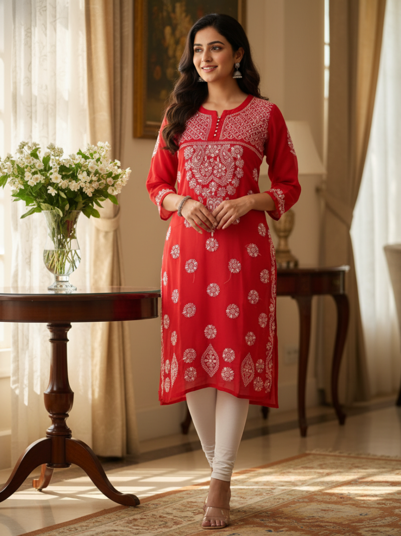 Women's Chiffon Hand Embroidered Chikankari straight Kurta with Gota patti work- Red