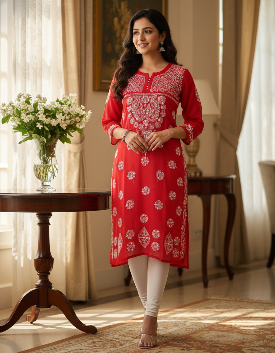 Women's Chiffon Hand Embroidered Chikankari straight Kurta with Gota patti work- Red