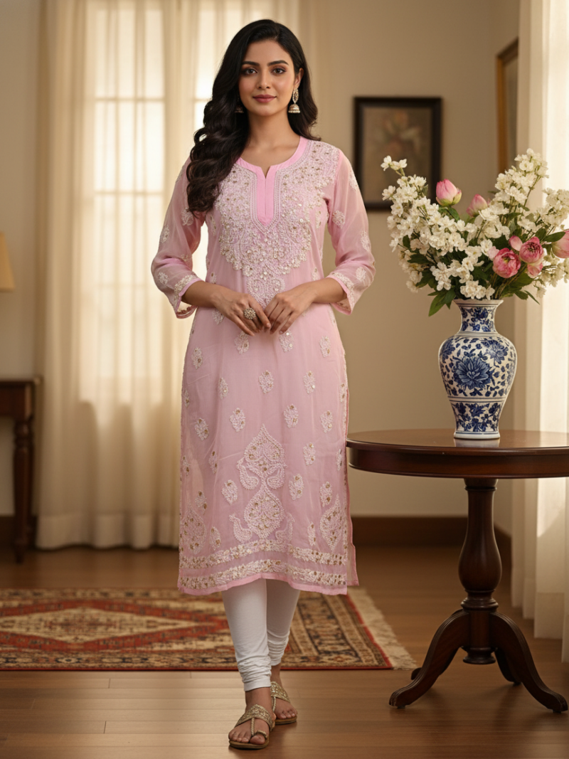 Women's Chiffon Hand Embroidered Chikankari straight Kurta with Gota patti work- Pink