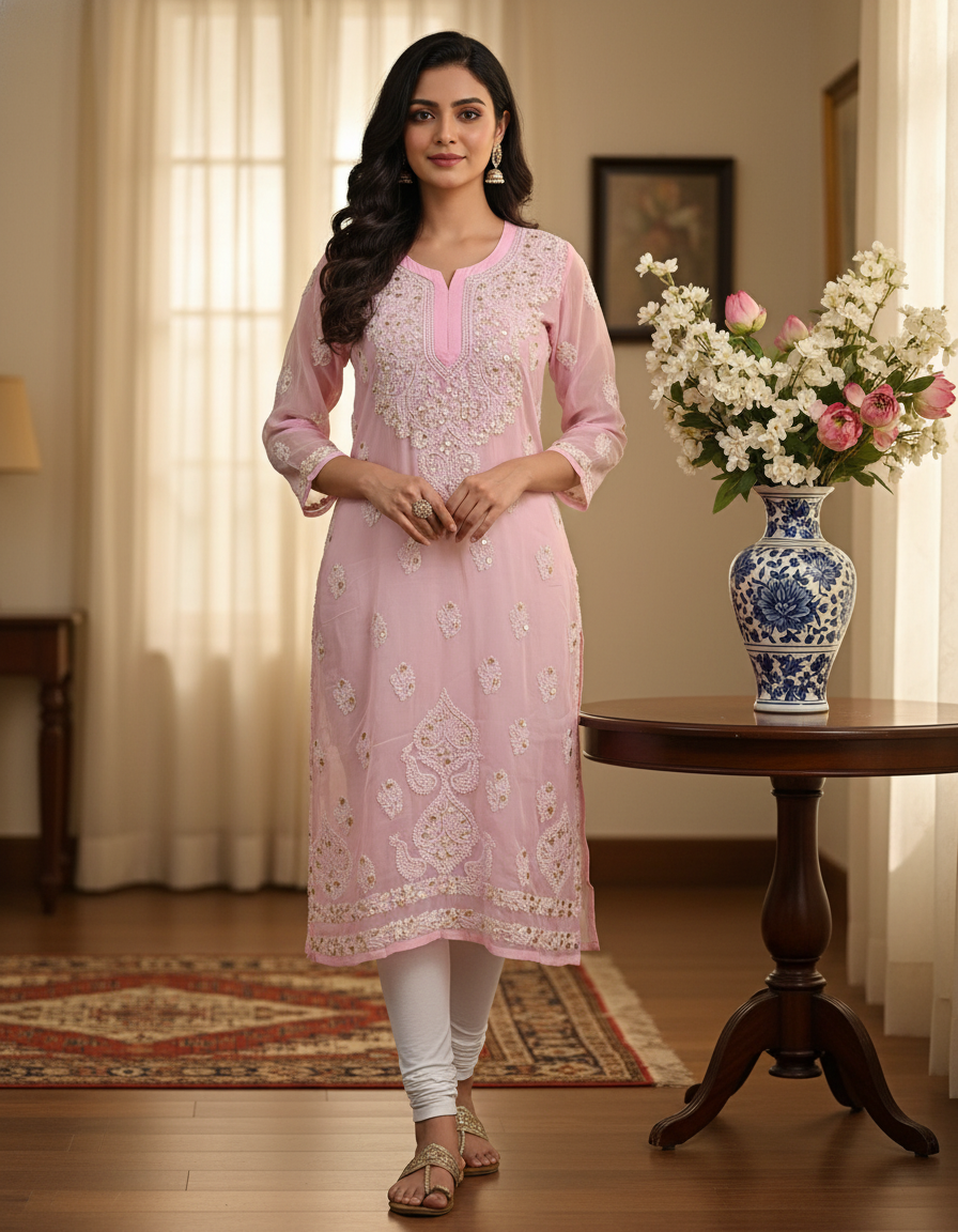 Women's Chiffon Hand Embroidered Chikankari straight Kurta with Gota patti work- Pink