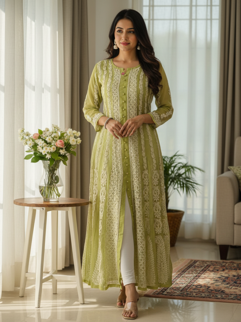 Women's Chiffon Hand Embroidered Chikankari A-Line Kurta with full jaal work- Green