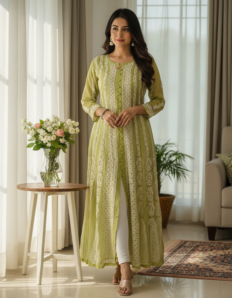 Women's Chiffon Hand Embroidered Chikankari A-Line Kurta with full jaal work- Green