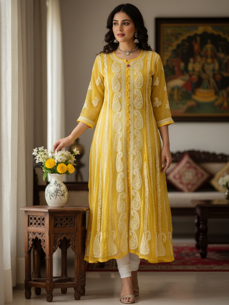 Women's Chiffon Hand Embroidered Chikankari A-Line Kurta with full jaal work- Yellow