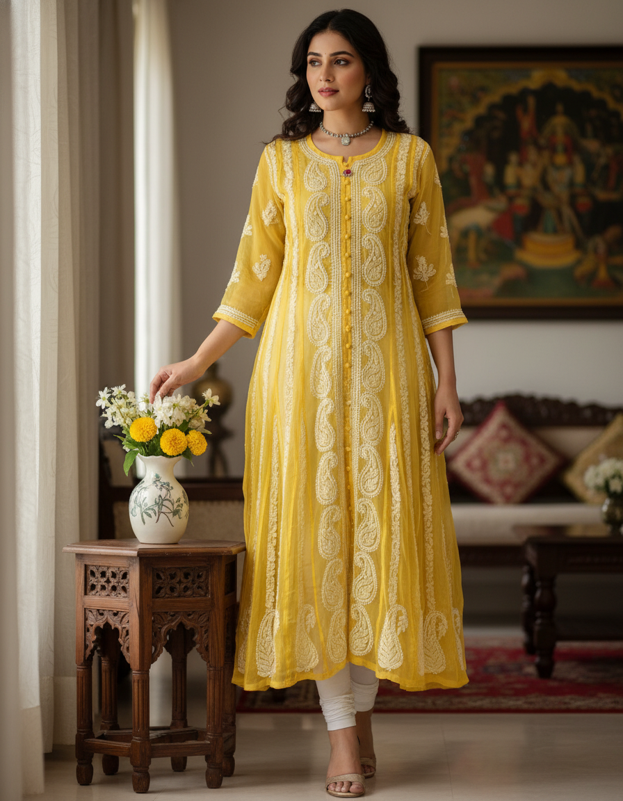 Women's Chiffon Hand Embroidered Chikankari A-Line Kurta with full jaal work- Yellow