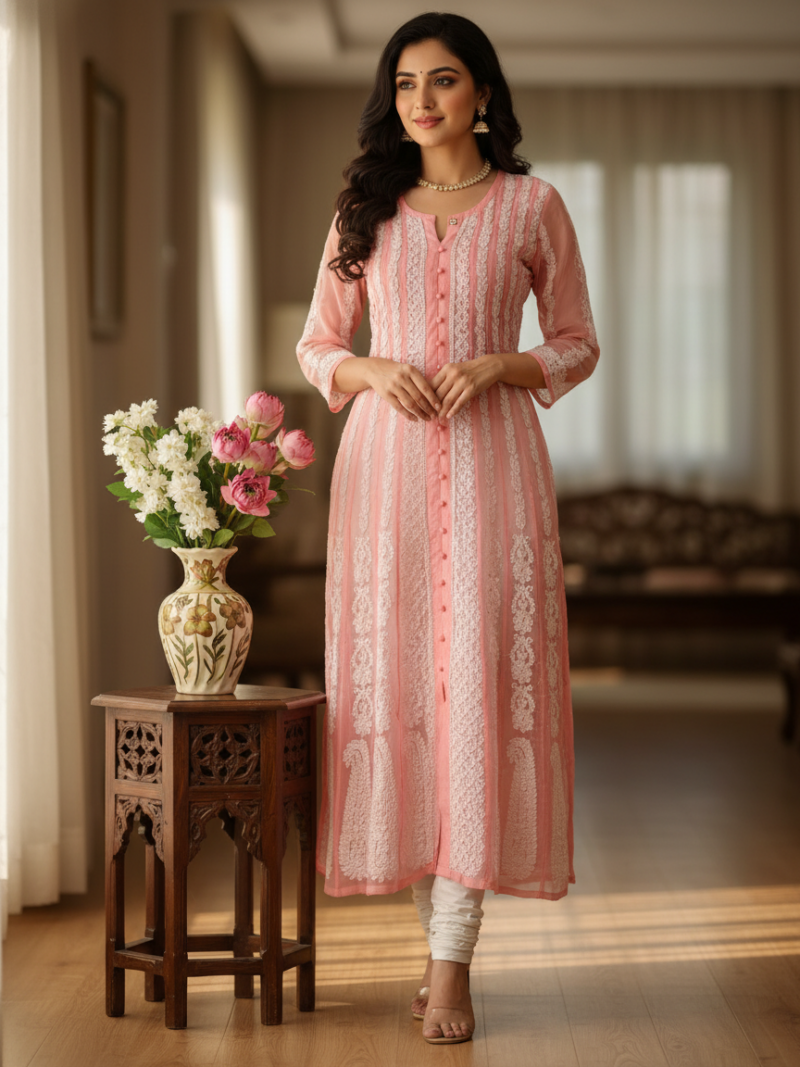Women's Chiffon Hand Embroidered Chikankari A-Line Kurta with full jaal work- Pink