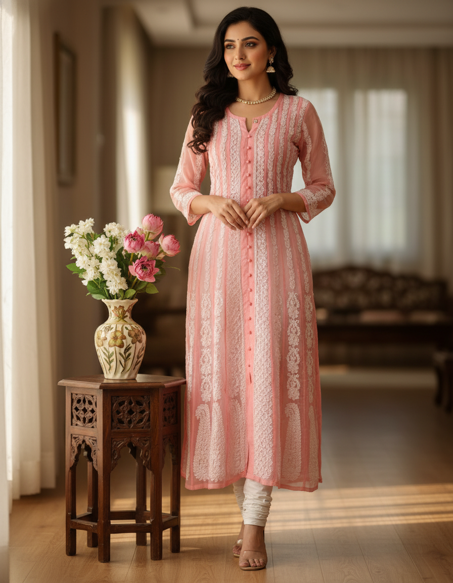 Women's Chiffon Hand Embroidered Chikankari A-Line Kurta with full jaal work- Pink