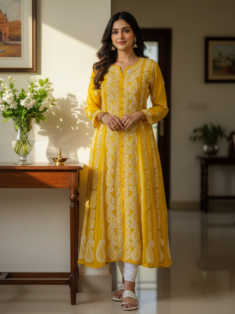 Women's Chiffon Hand Embroidered Chikankari A-Line Kurta with full jaal work- Yellow