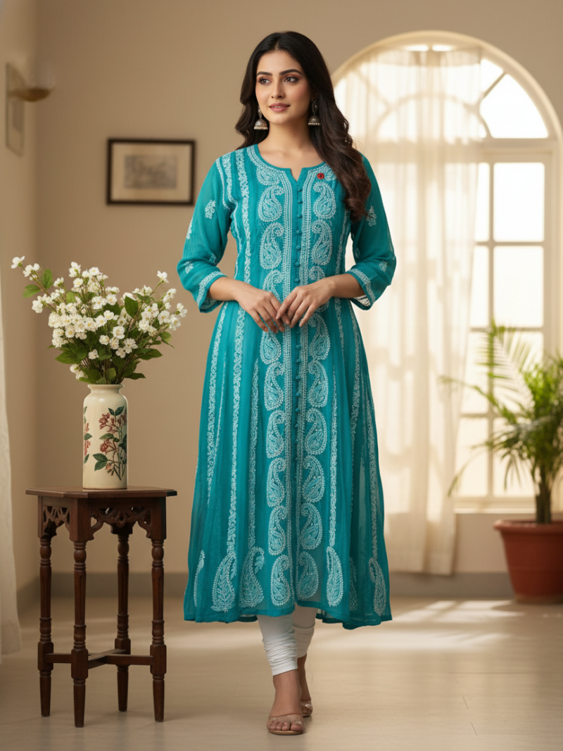 Women's Chiffon Hand Embroidered Chikankari A-Line Kurta with full jaal work- Green