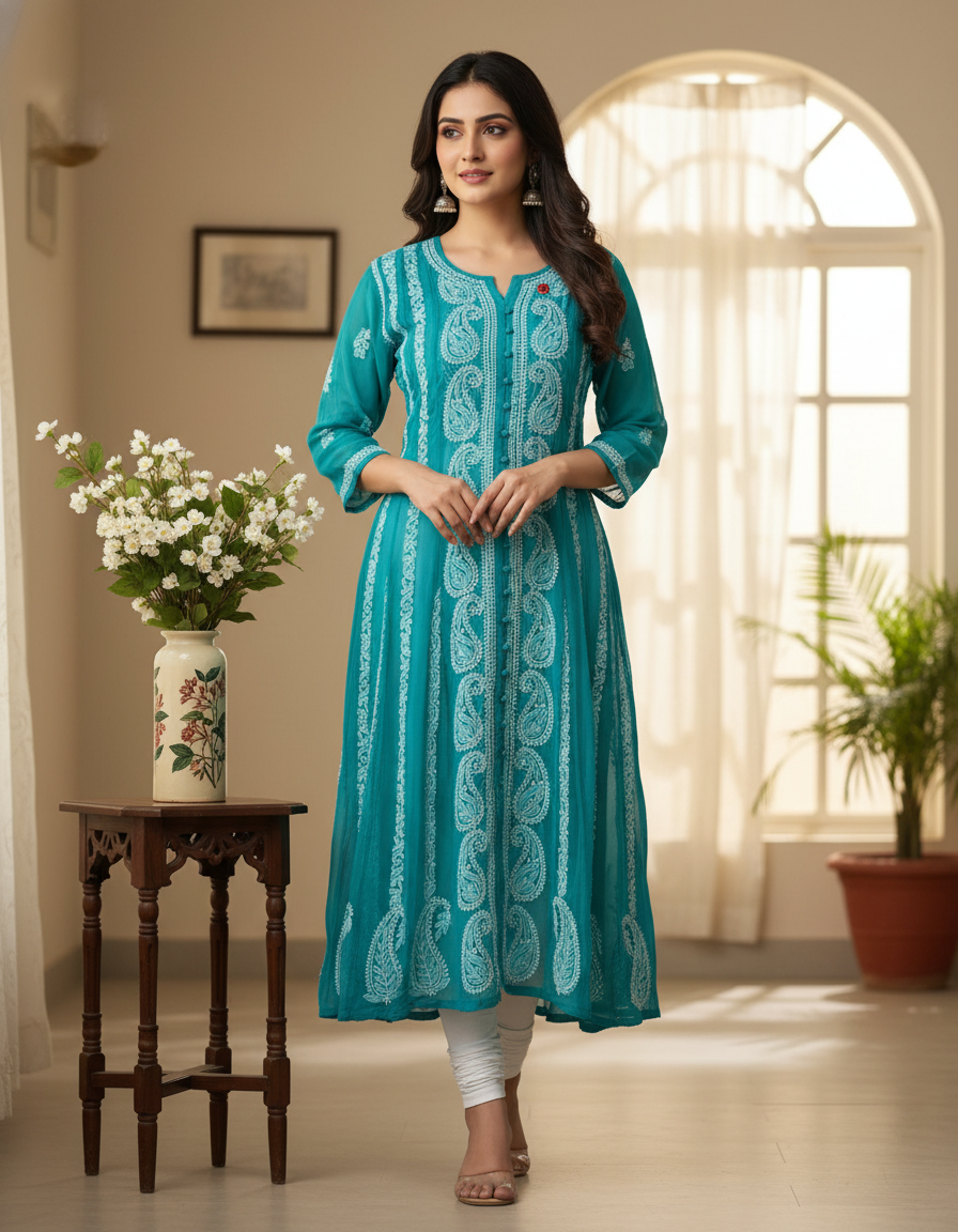 Women's Chiffon Hand Embroidered Chikankari A-Line Kurta with full jaal work- Green