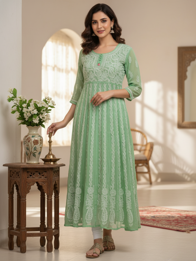 Women's Chiffon Hand Embroidered Chikankari Anarkali kurta with full jaal work - Green