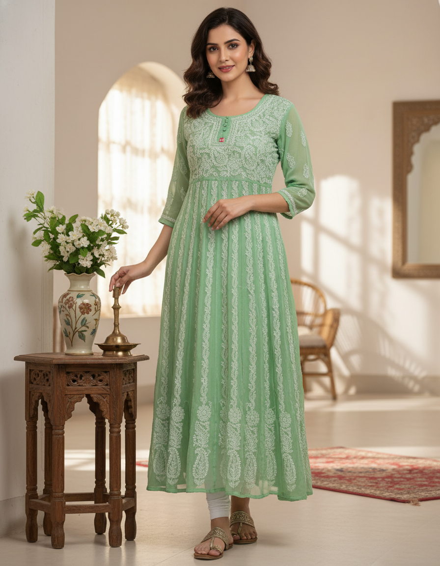 Women's Chiffon Hand Embroidered Chikankari Anarkali kurta with full jaal work - Green