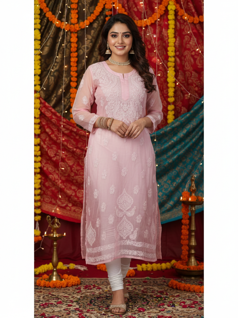 Women's Chiffon Hand Embroidered Chikankari Straight Kurta - Pink