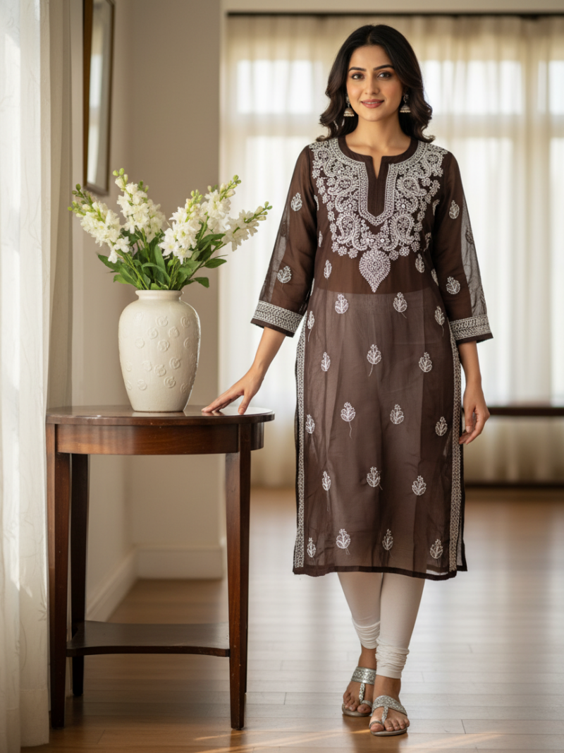 Women's Chiffon Hand Embroidered Chikankari Straight Kurta - Brown