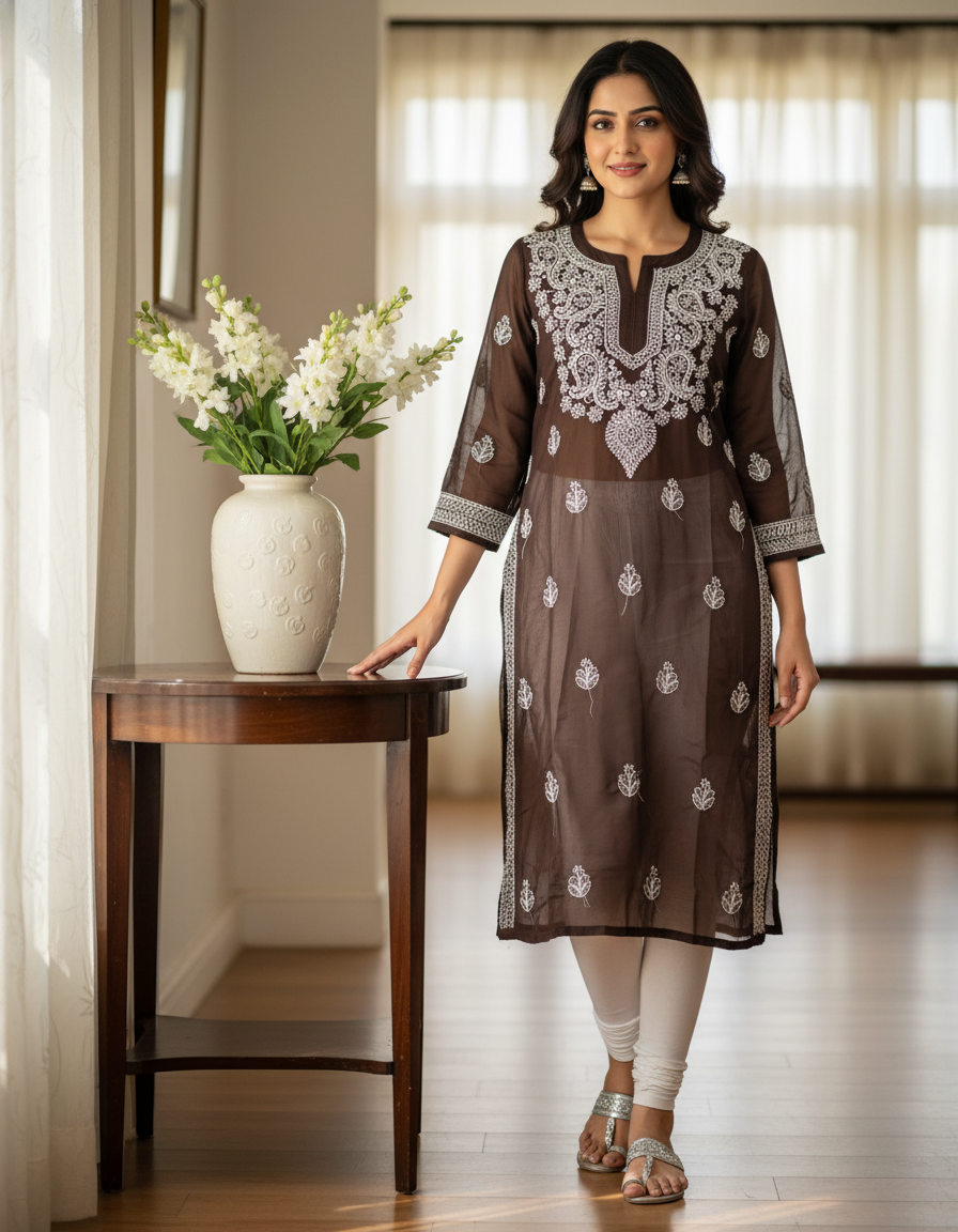 Women's Chiffon Hand Embroidered Chikankari Straight Kurta - Brown