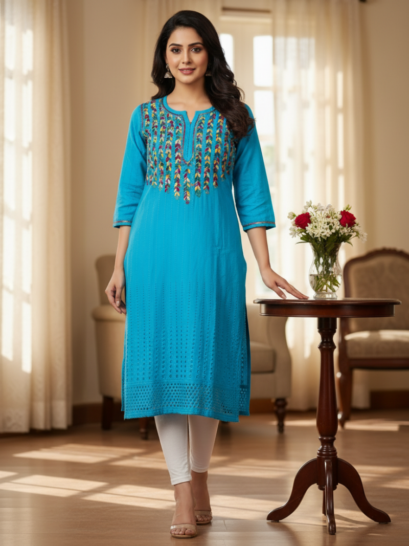 Women's Cotton Hand Embroidered Straight Kurta with Hakoba pattern multi colour embroidery - Blue