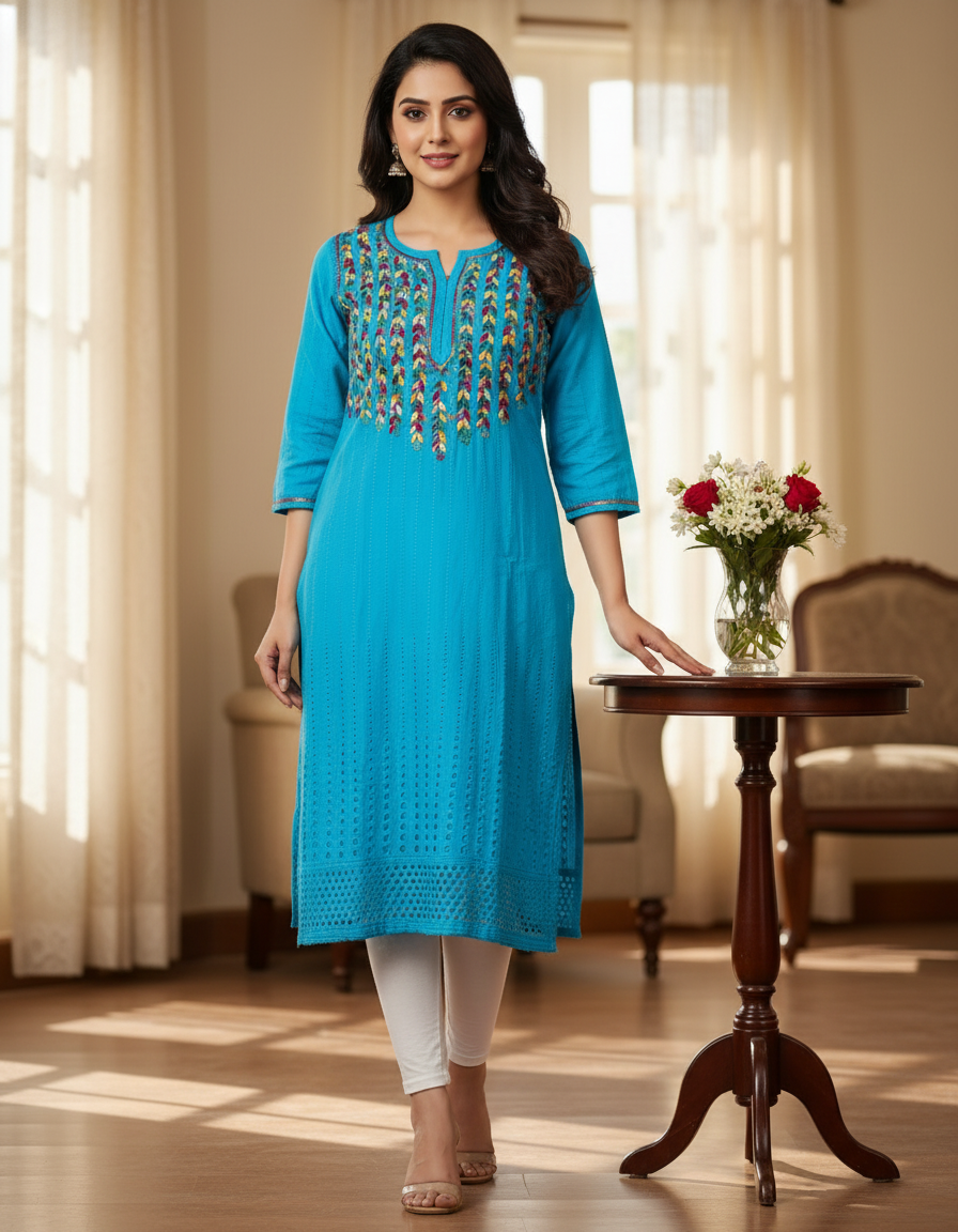 Women's Cotton Hand Embroidered Straight Kurta with Hakoba pattern multi colour embroidery - Blue