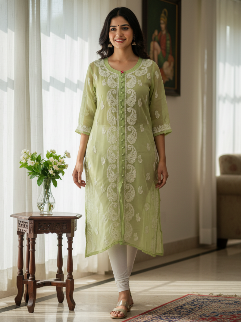 Women's Chiffon Hand Embroidered Chikankari Straight front slit kurta - Green
